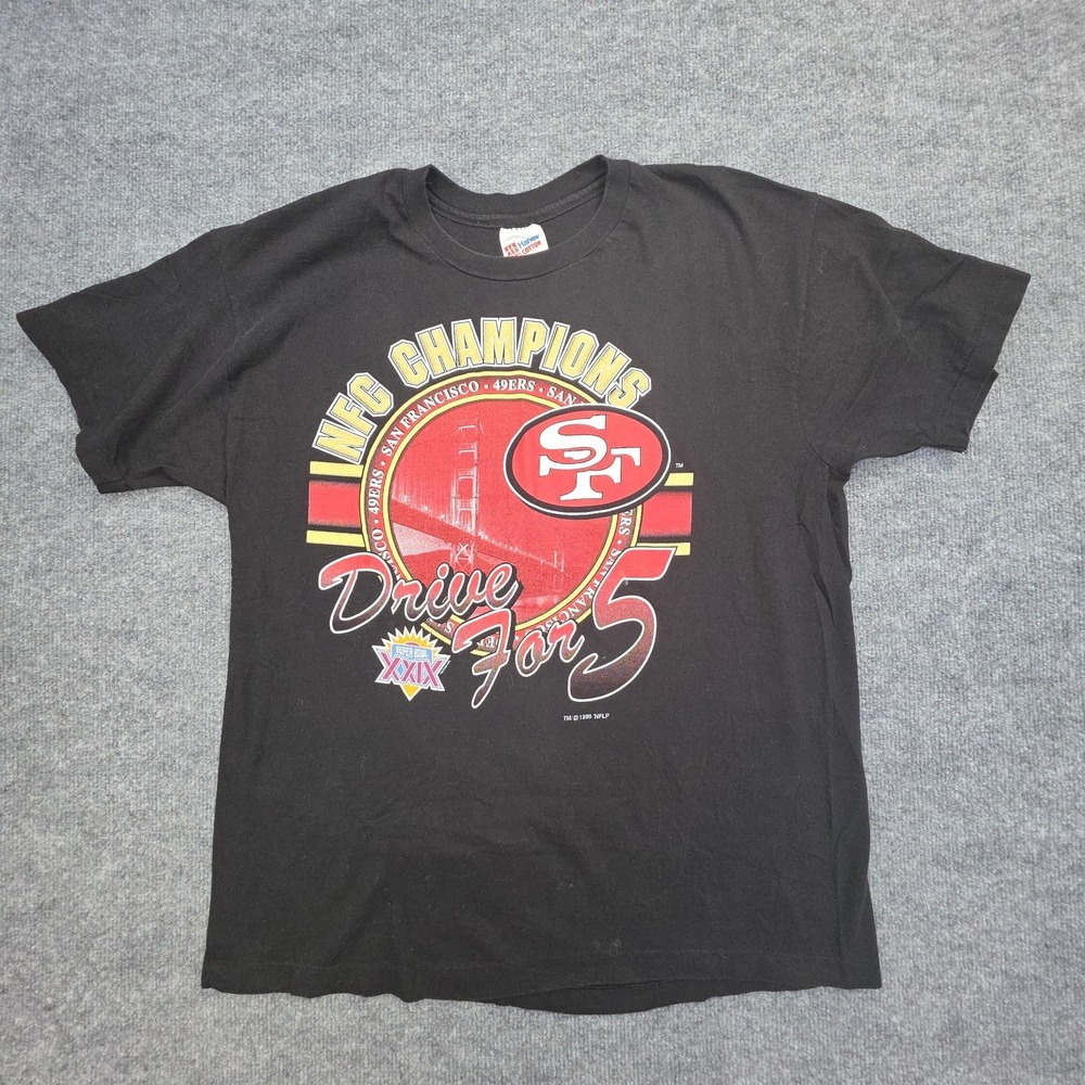 Vintage San Francisco 49ers T Shirt Men's XL Black Drive for 5 Super Bowl‎